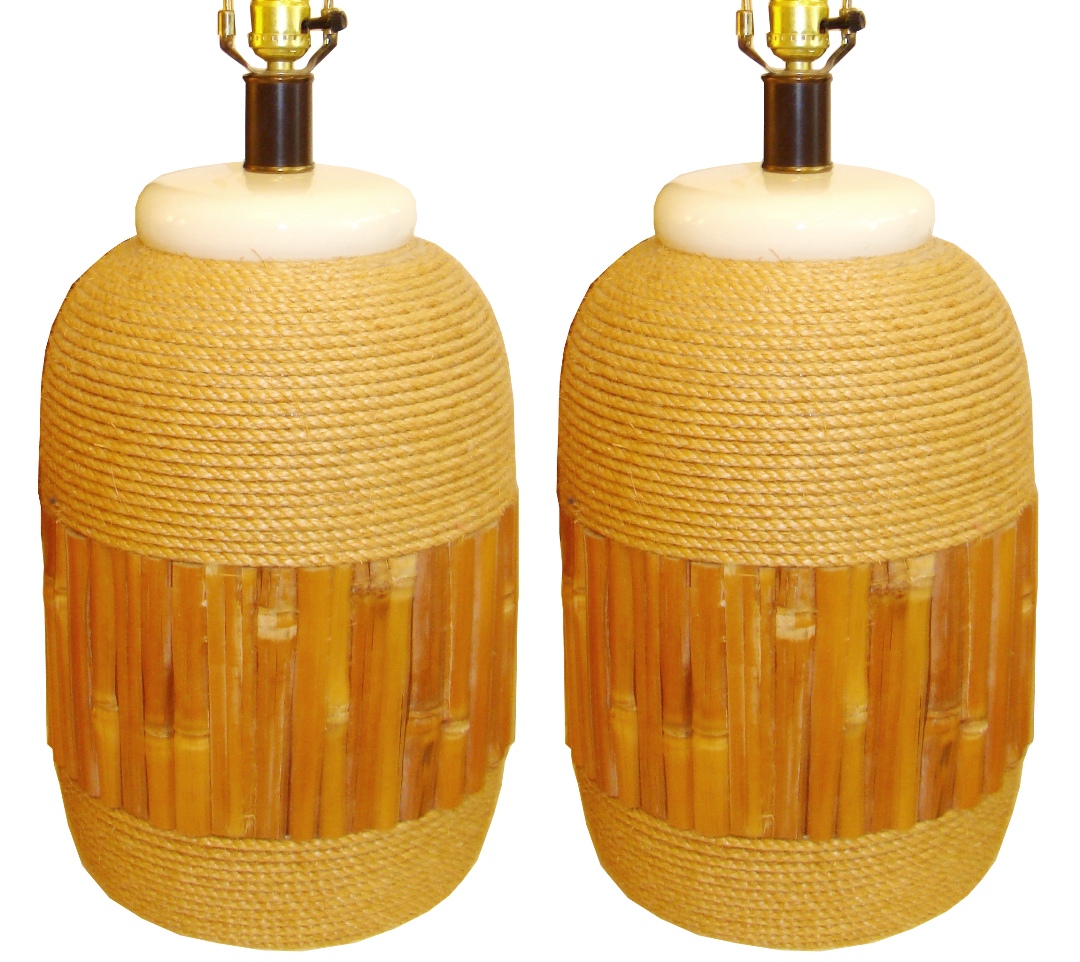 Pair Of Ceramic Table Lamps Embellished With Rope & Bamboo Modernism